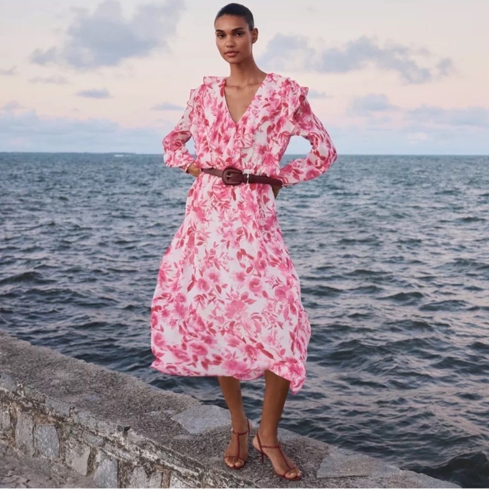 Zara pink floral ruffle dress with belt